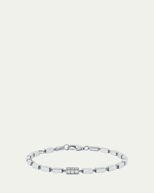 18K White Gold Block Chain Thick Bracelet with Pave Diamond Rectangle Link